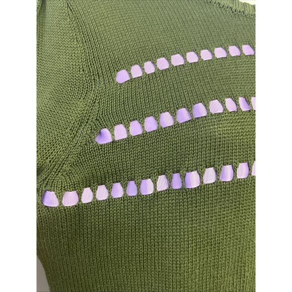 ModCloth Olive Green Knit Puff Short Sleeve Sweater Light Purple Ribbon- Medium - Picture 3 of 13